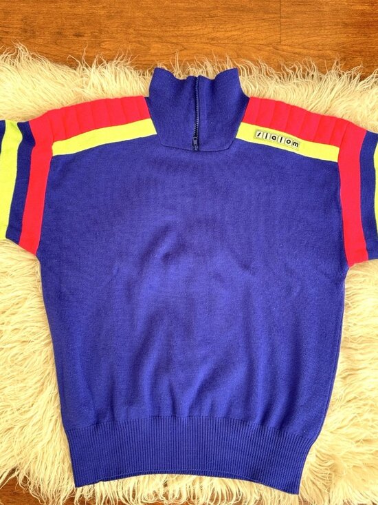 Vintage Slalom Mens Ski Sweater Royal Blue Neon Lime Fuchsia 80s 90s LG 1/4 Zip - Picture 1 of 12